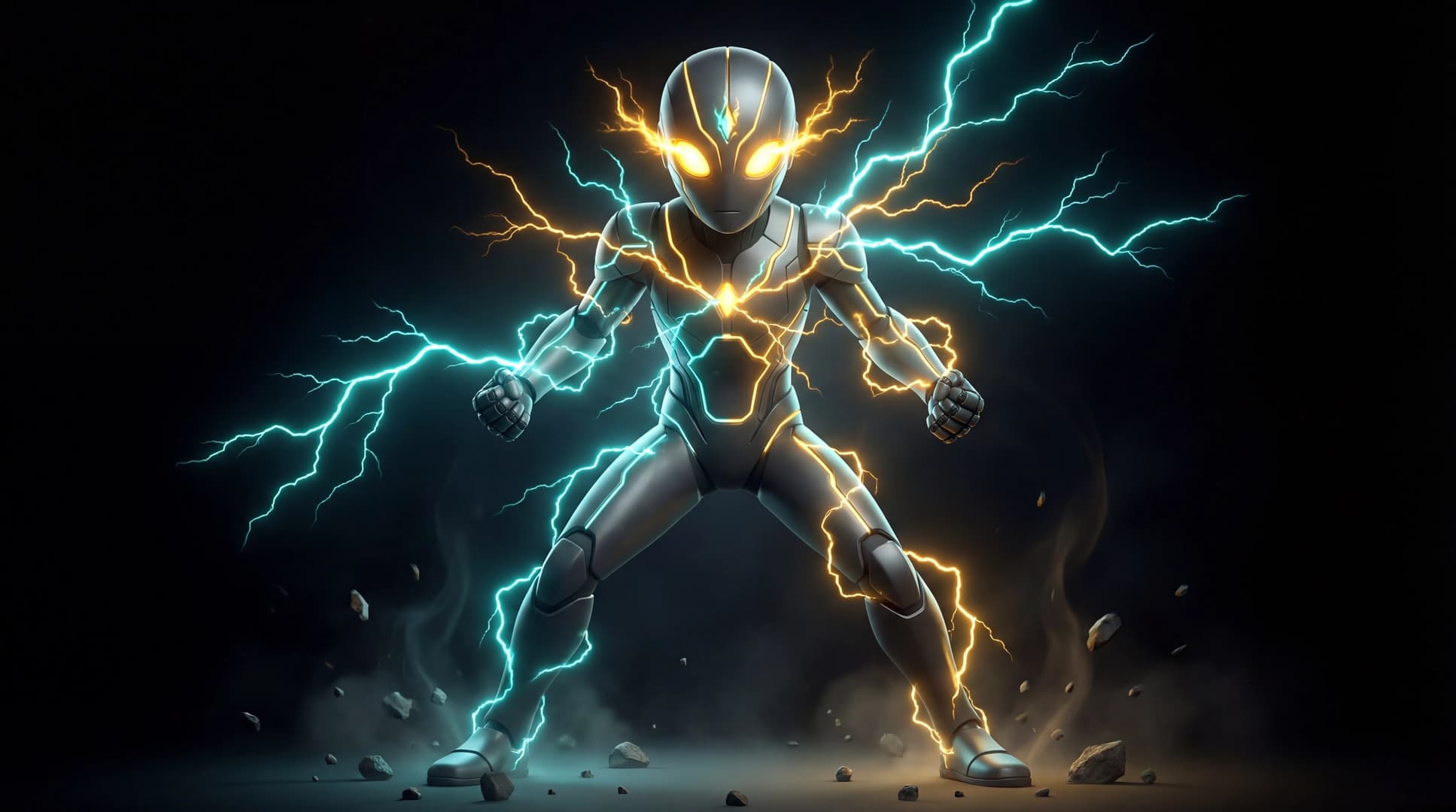 ARC-7 in Verdant Sync — cyan and gold energy in balance, the instant before Green ignites. Living Light style