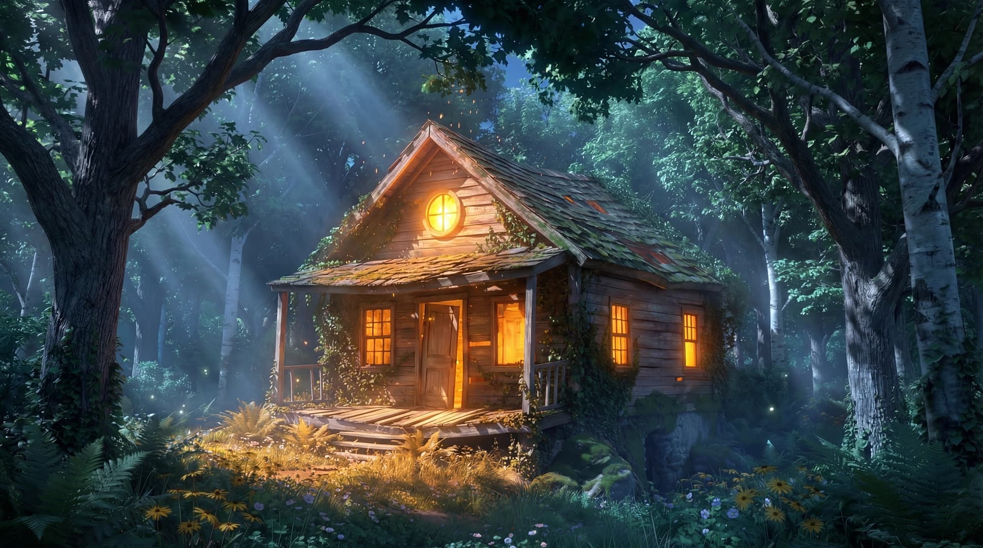 The cabin at night — where the story lives