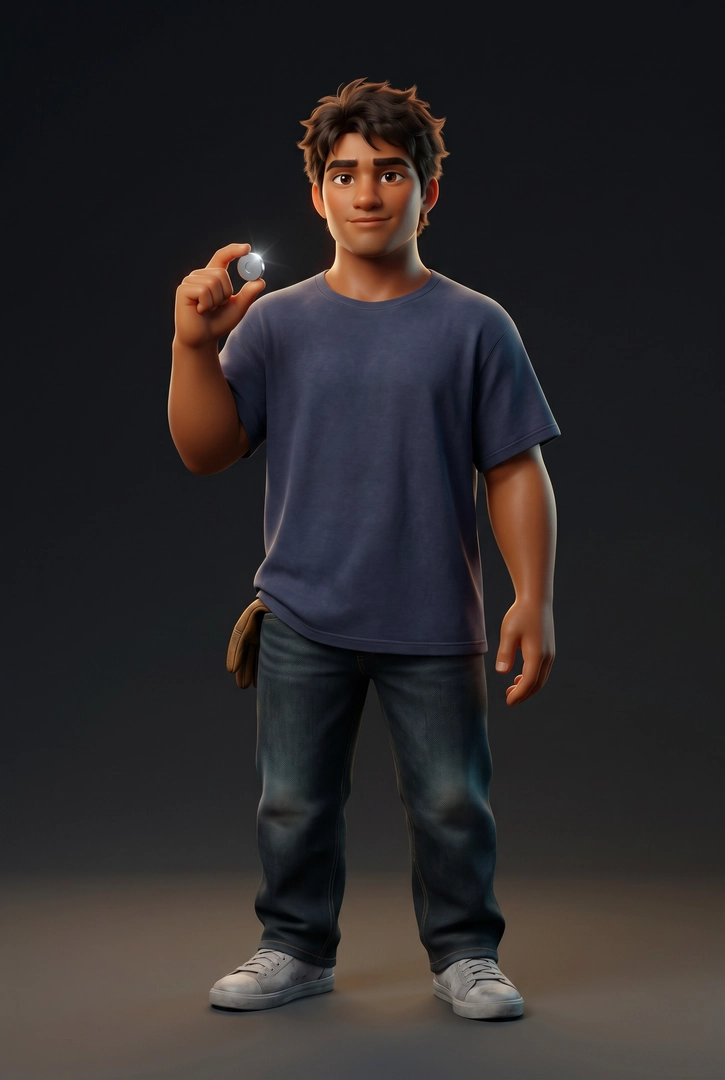 Kai — teen builder, holding a glowing spark