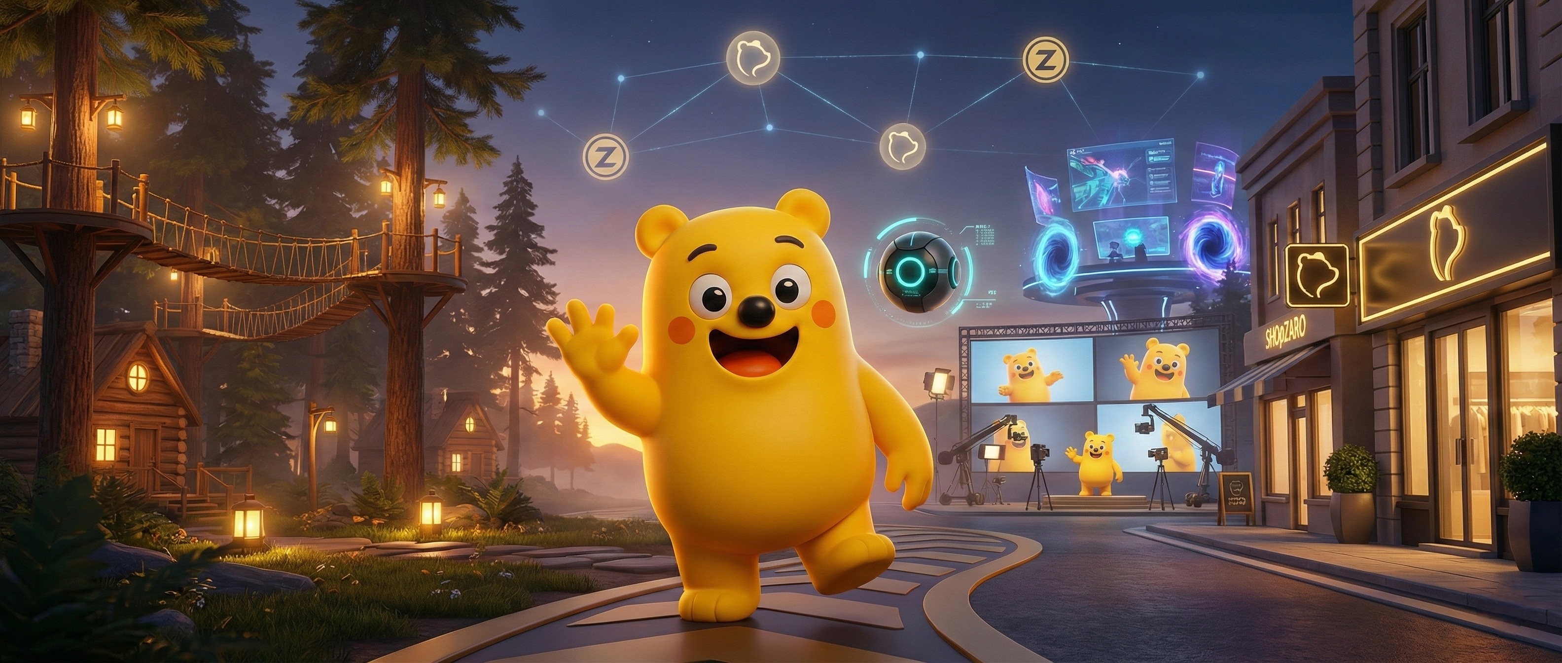 Zaro waving in the ZaroVerse - ZaroLand nature park on the left, ShopZaro flagship store on the right, ARC-7 companion floating above, and the ZARO token network in the sky